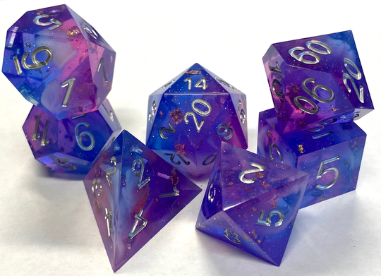 Restoration - Glittering Purple Blended Sharp Edge Dice- Full 7 Piece Set-Glitter & Gold Flake With White Twisting Highlights -Dnd, Ttrpgs