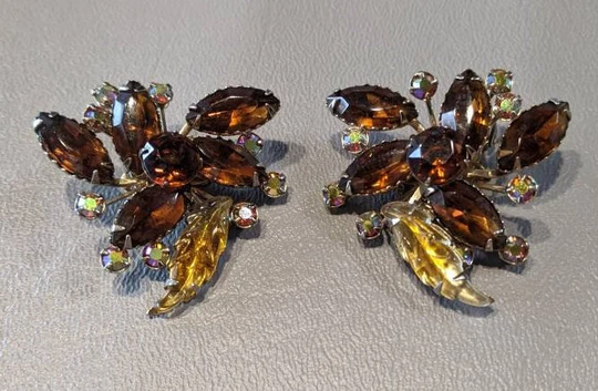 Vintage Juliana Style Rhinestone Earrings-1950S Shades Of Fall Large Statement Earrings