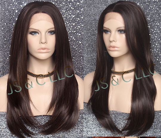Brown Mixed Human Hair Blend Hand Tied Full Lace Front Wig Heat Ok Center Mono Part Layered Sides Straight Cancer/Alopecia/Cosplay