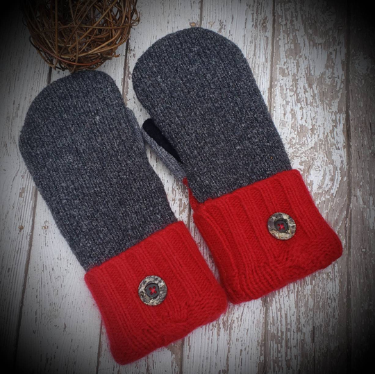 Upcycled Felted Wool & Blend Mittens-Gray With Red Cuff Sweater Mittens Fleece Lined Made From Recycled Sweaters Gift