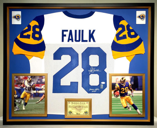 Premium Framed Marshall Faulk Autographed/Signed Rams Jersey - Jsa Auth