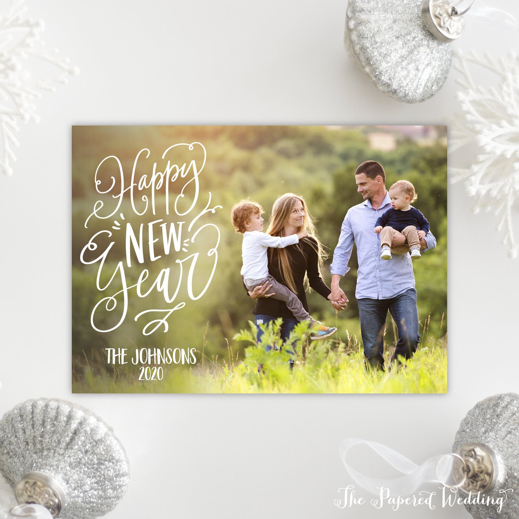 Printable Or Printed Photo Happy New Year Cards - Hand-Lettered Years With Landscape Picture, Casual Script Christmas 081 P1