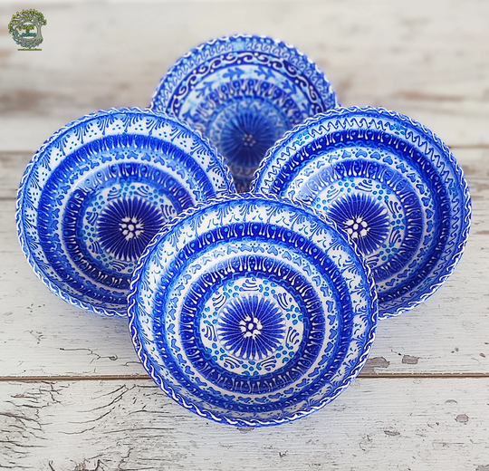 4x Handmade Ceramic Bowls Set Dinnerware Breakfast Serving Soup Salad Turkish Pottery Tile Decorative Gift | 4.8"/12cm