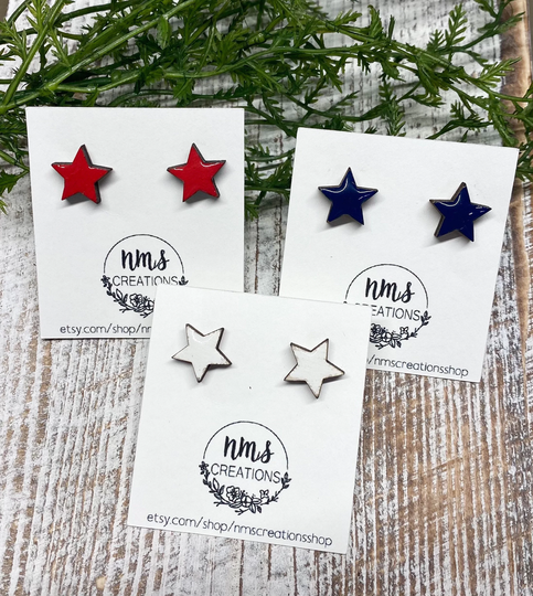 Star Earrings, Patriotic Red Star, White Blue Star Studs, Summer Jewelry