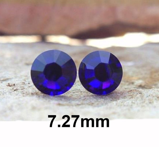 Cobalt Blue Flat Back Rhinestone Stud Earrings, 7.27mm Crystal Studs, Surgical Steel Earrings