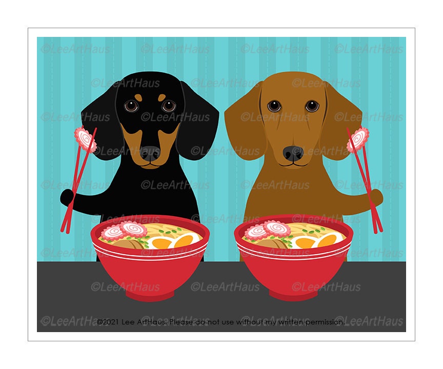 4D Food Art Prints - Dachshunds Eating Ramen Bowl Wall Decor Foodie Gifts Drawing Dachshund