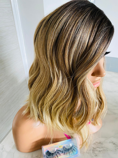 Blonde Rooted Wig Human Hair Blend Synthetic Lace Front Ombre Brown Bob Side Part Alopecia Chemo Uk Us