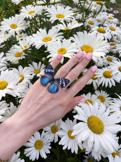 Mega Size Sapphire Blue Butterfly Ring Hand Made in Boho Chic Style, Cute With Butterfly, Giant Adjustable Size