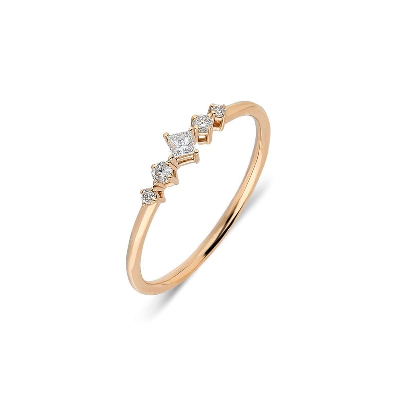Princess Cut Ring/Five Diamond Square Minimalist /. Anniversary Gift Gold Dainty