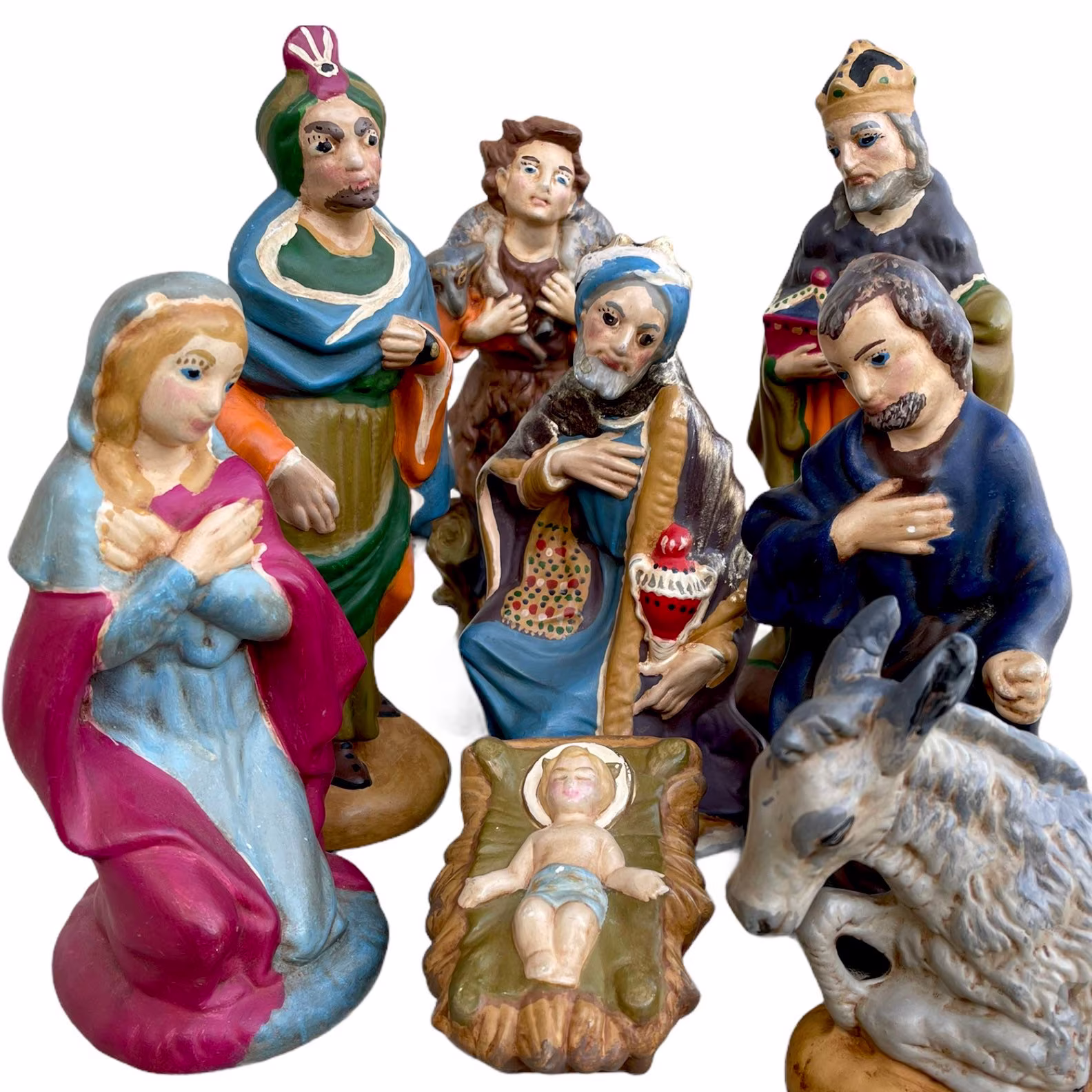 One Of A Kind, Large Vintage, Eight Piece, 1975 Hand Painted Plaster/Chalk-Ware Mid Century Nativity Set