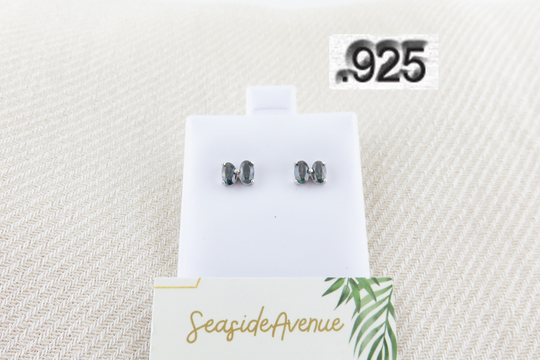 925 Sterling Silver, Minimalist Butterfly Double Oval Rainbow Mystic Topaz Gemstone Stud Earrings