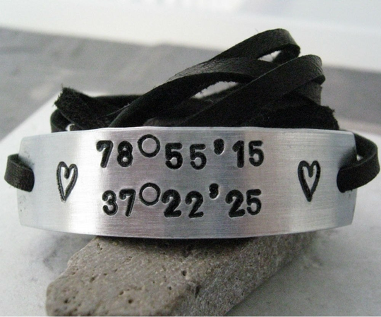 Coordinate Bracelet, Gps Bracelet, Latitude Longitude Choose Leather Color, Anniversary Gift, 30 Character Limit