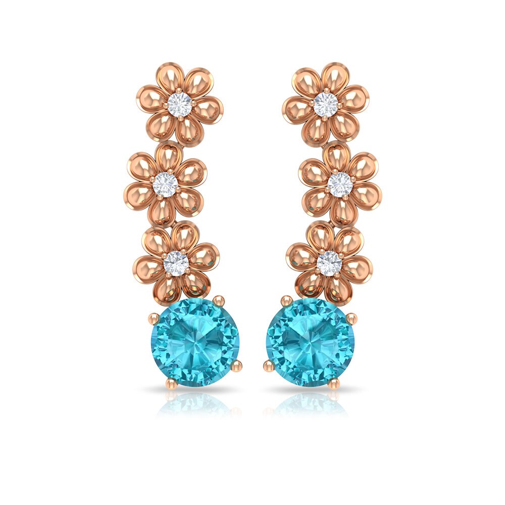 Flower Climber Earrings, 1.25 Ct Ear Crawlers, Swiss Blue Topaz Diamond Earrings