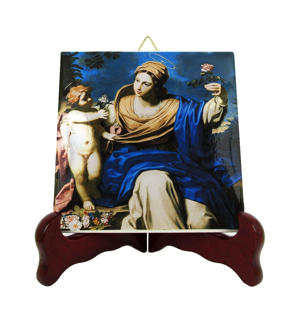 Religious Art - Madonna Of The Rose With Child Jesus Devotional Icon On Tile Virgin Mary Religious Gifts Blessed Holy Icons