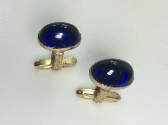 Vintage Cuff Links Gold Toned Oval With Domed Cobalt Blue Glass Used