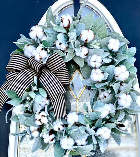 Farmhouse Cotton Stem Wreath, Farmhouse Summer Wreath, Everyday Front Door Decor, Lambs Ear Hanger