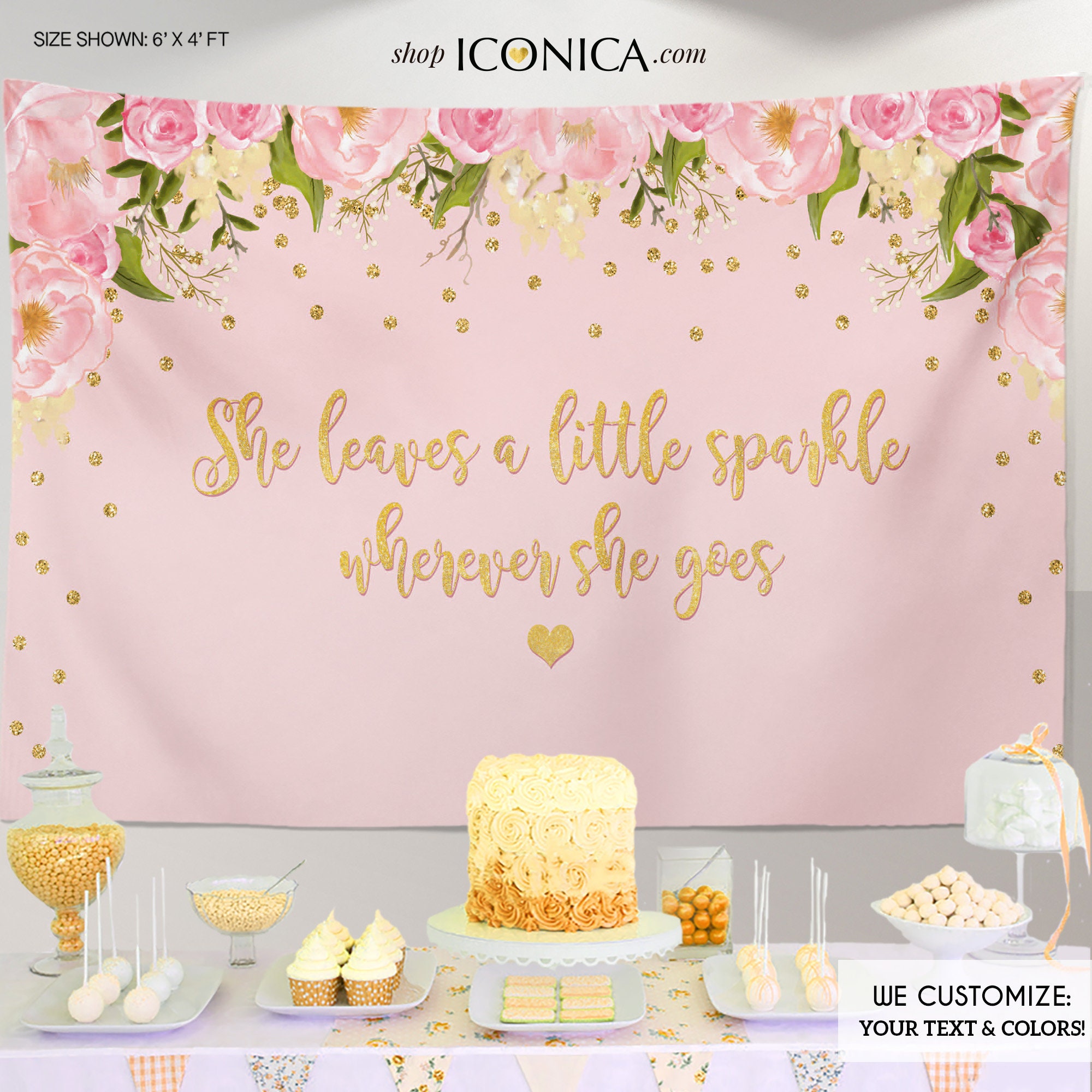 Floral Birthday Party Backdrop Decor Dessert Table Banner, She Leaves A Little Sparkle Wherever She Goes, Printed Or Printable File