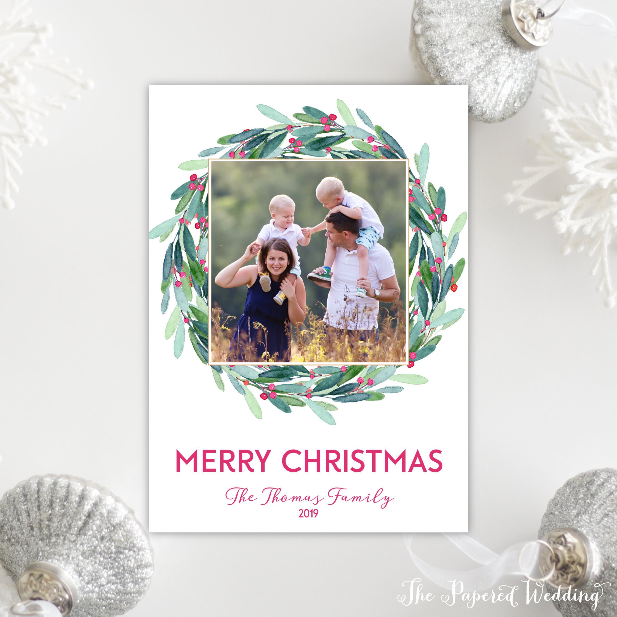 Printable Or Printed Wreath Picture Christmas Cards - Green & Red Photo Holiday Merry 094P1