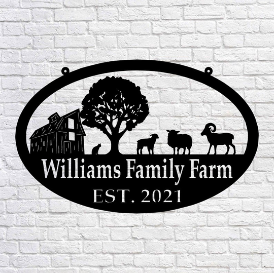 Metal Farm Sign, Barn & Sheep, Ram, Lamb, Cat - Personalized Family Name Sign Wedding Gift