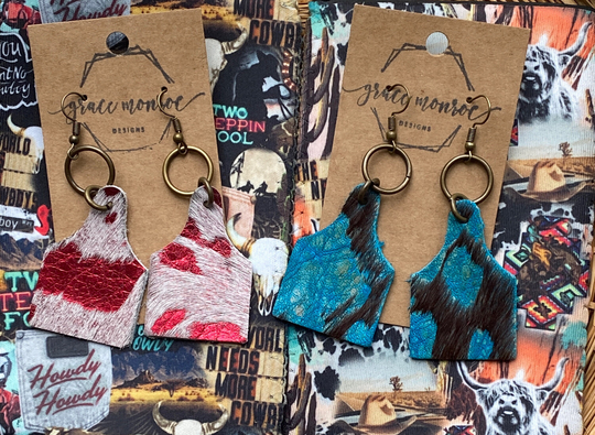 Cow Tag Earrings, Western Leather Dangle Hair On Hide Cattle Tag, Gift