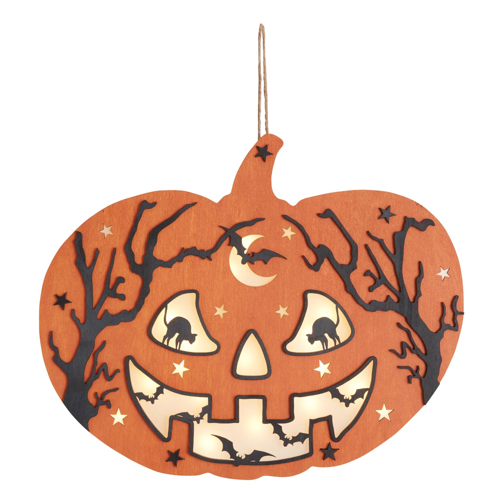 Laser Cut Wood Jack O Lantern LED Light Up Hanging Decor: Multi by World Market