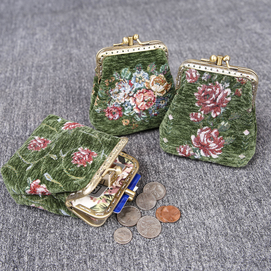 Vintage Handsewn Carpet Coin Purse Victorian Double Kiss Lock Card Pouch Ball Clasp Bag Bridesmaid Gift For Her Rose Series Arugula Green