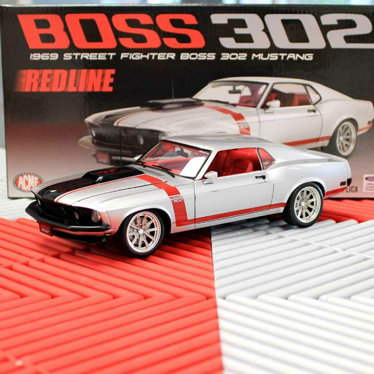 Acme A1801842 1969 Boss 302 Mustang Street Fighter Redline Silver 118 Scale Diecast Model Car "Limited Edition"
