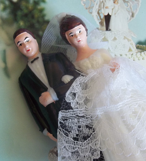 Bride & Groom/Vintage Wedding Cake Topper Bridal Shower Retro Charm Black Tuxedo Bakery Example Golden Anniversary
