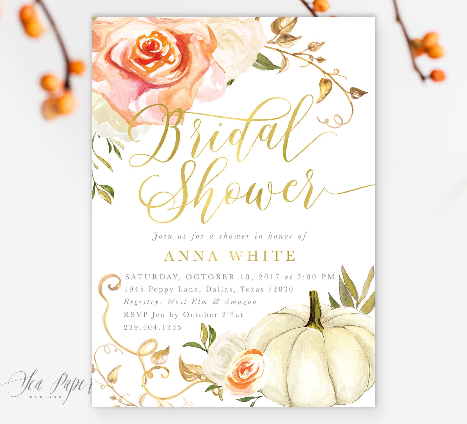 Fall Bridal Shower Invitation Autumn Invite, White Pumpkin, Gold, Orange & Roses, Printed Or Printable - 3