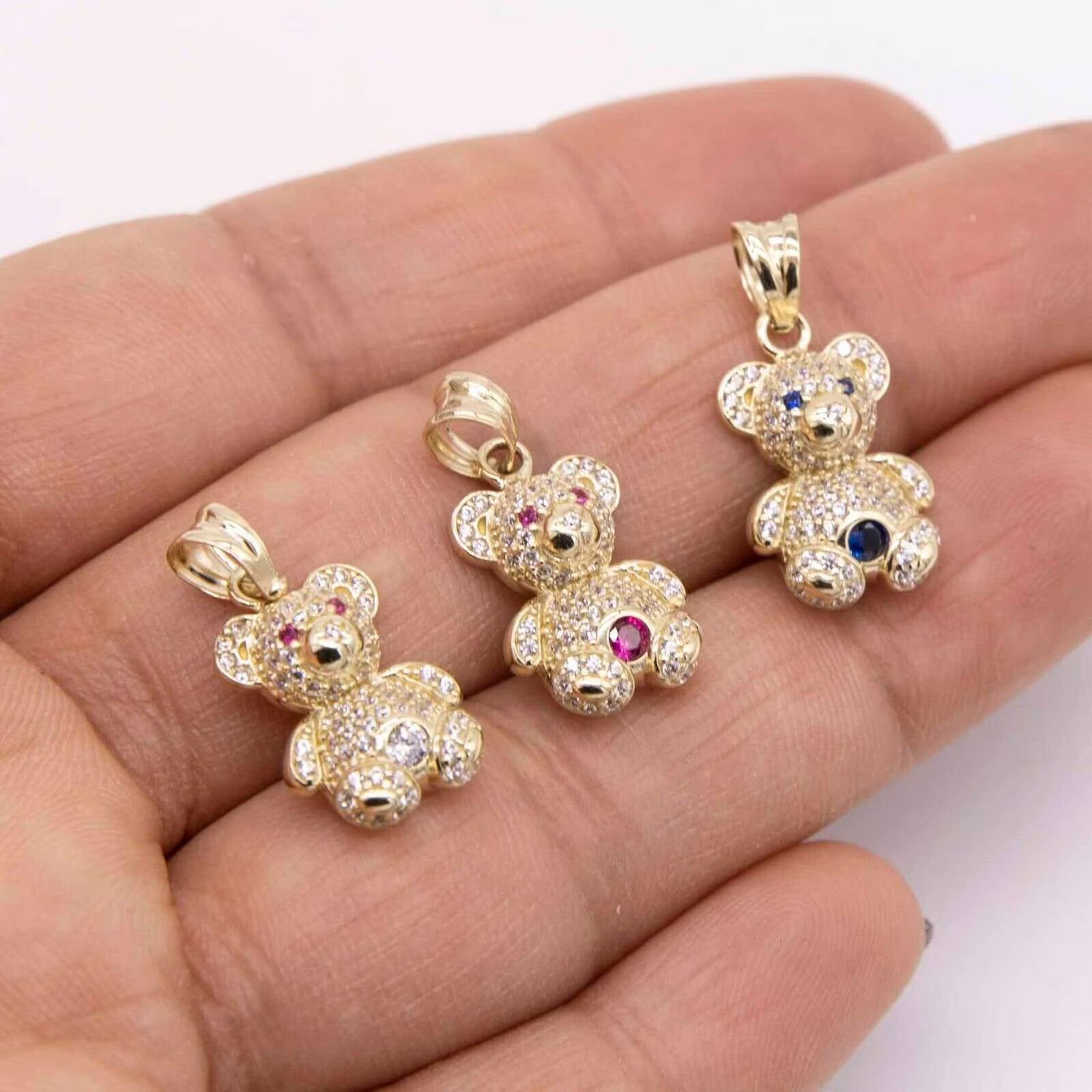 Mini Colorful Cz Teddy Bear Charm Pendant Real 10K Yellow Gold