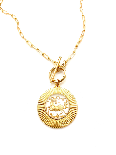 Vintage Aries Glass Zodiac Necklace, Unique Ram Horoscope Pendant, Gold Filled Paperclip Chain, Amazing Boho Astrological Sign Jewelry