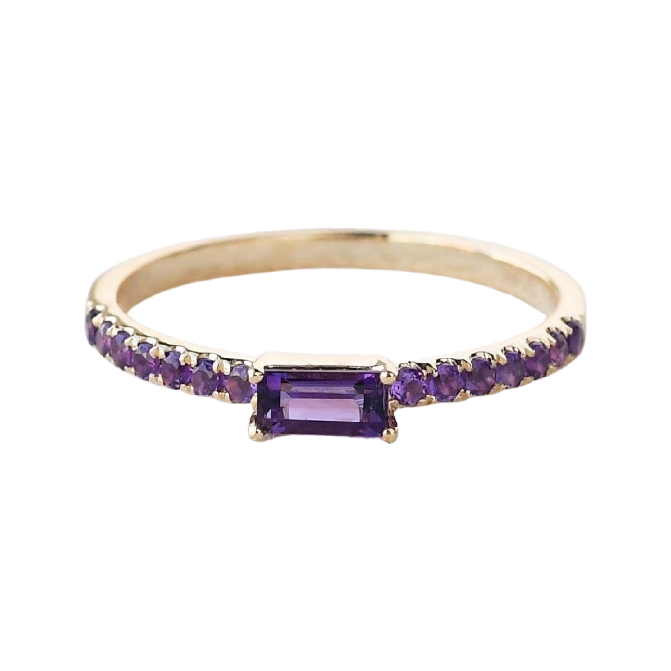 Emerald Amethyst Engagement Ring, Half Eternity February Ring For Her, Birthstone, 14K Yellow Gold Over 925 Sterling Silver