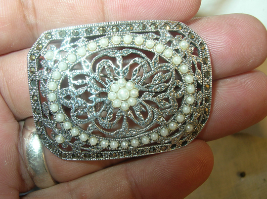 Vintage Sterling Marcasite Faux Pearl Pendant Brooch