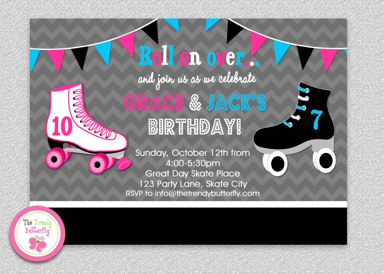 Siblings Roller Skating Birthday Invitation, Boys Girls Party Twins Girl Boy
