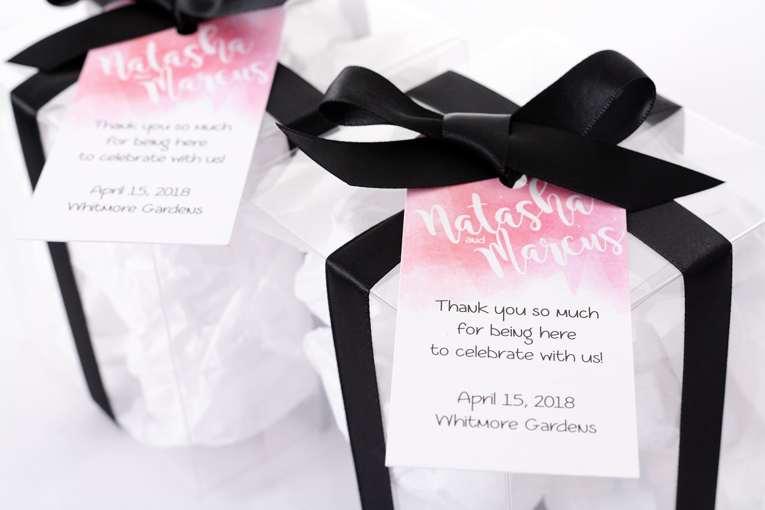 Pink Watercolor Wedding Tags - Wine Bottle Tags, Favor Box Bag Personalized Hanging