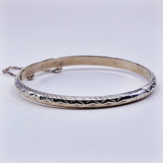 7.5", Vintage Gold Vermeil Sterling Silver Bracelet, Textured 925 Hinged Bangle With Secure Chain, Stamped