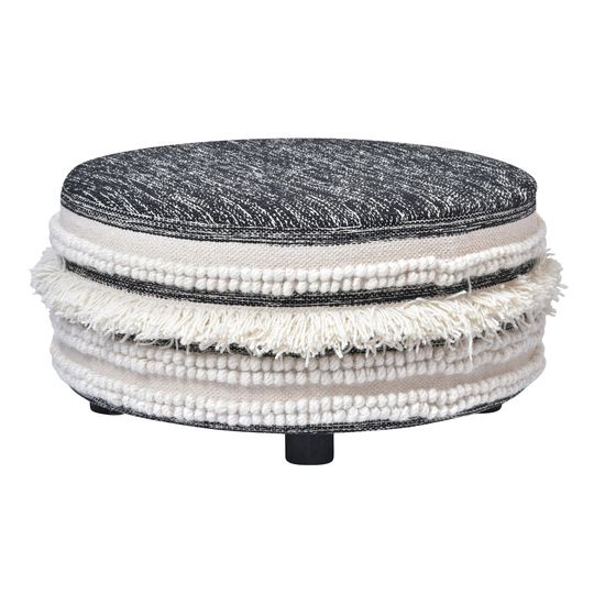 Round Dark Blue Wool Upholstered Ottoman with Fringe by World Market