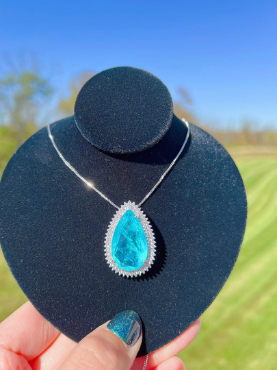 Elegant Water Drop Paraiba Blue/Neon Blue Halo Pendant, Magnificent Exotic Neon Blue, Vivid Glow Color, Paraiba 18Kgp