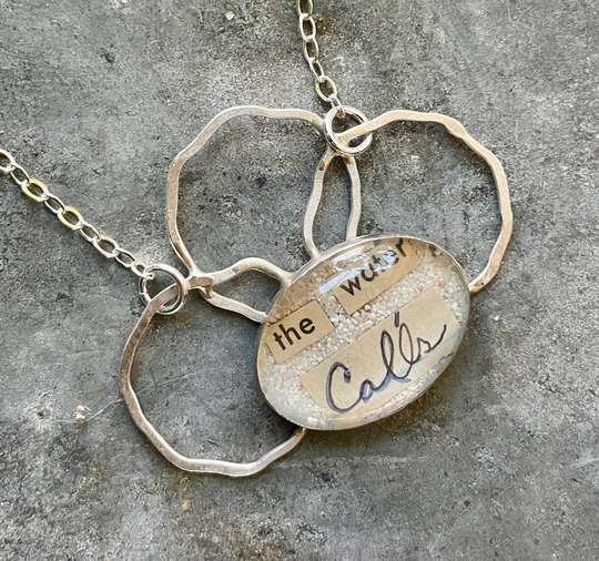 Rustic Sterling Set Vintage Words & Sand Under Glass Necklace