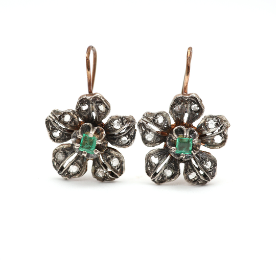 Victorian Diamond Emerald Flower Earrings