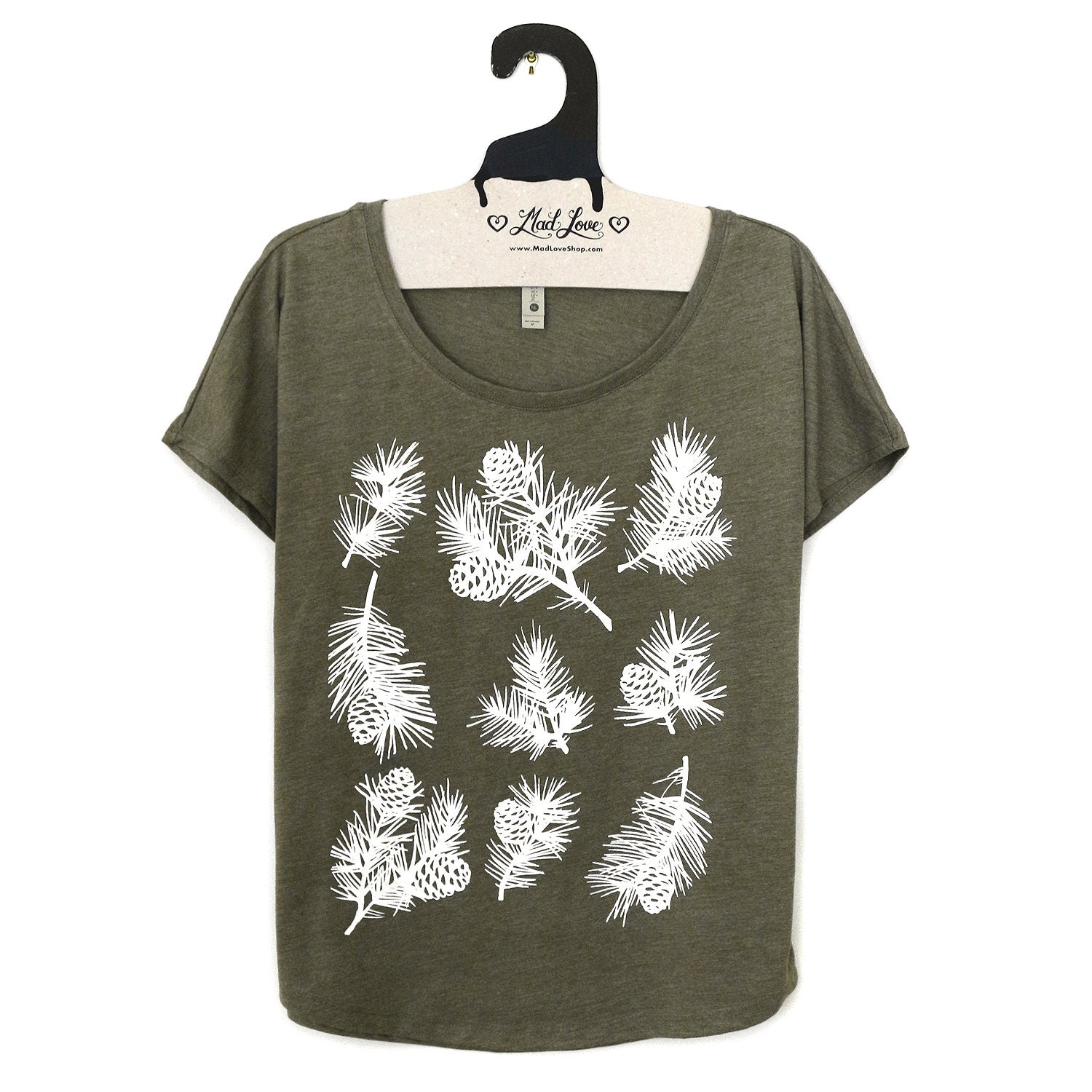 Medium - Tri-Blend Olive Dolman Tee With Pinecone Leaves Screen Print