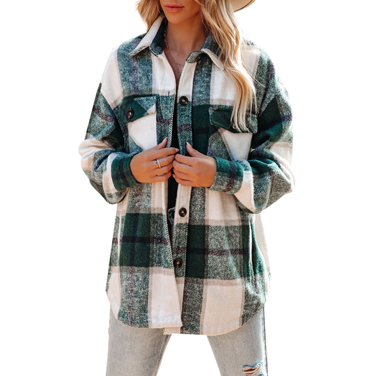 Womens Casual Plaid Shacket Wool Blend Button Down Long Sleeve Shirt Fall Jacket Shackets - green, S