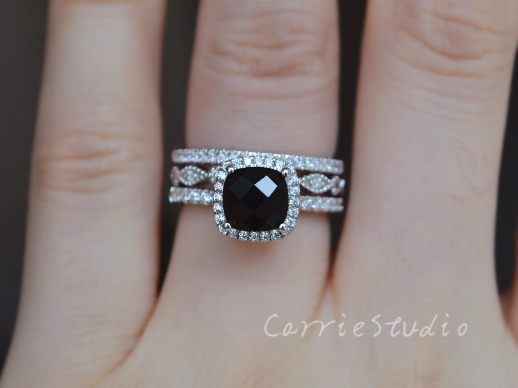 3 Ring Set Halo Cushion Black Onyx Engagement Sterling Silver Gem