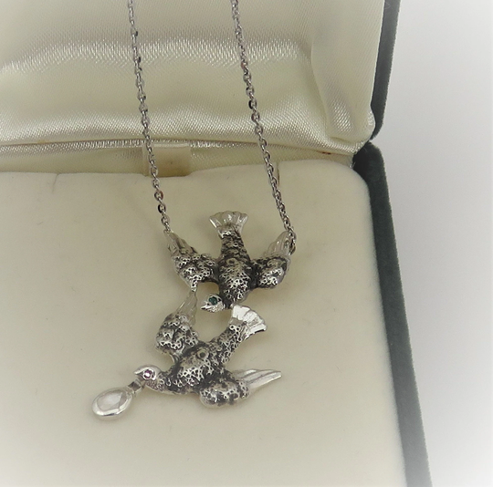 Vintage Sterling Silver Diamond Birds Pendant Necklace
