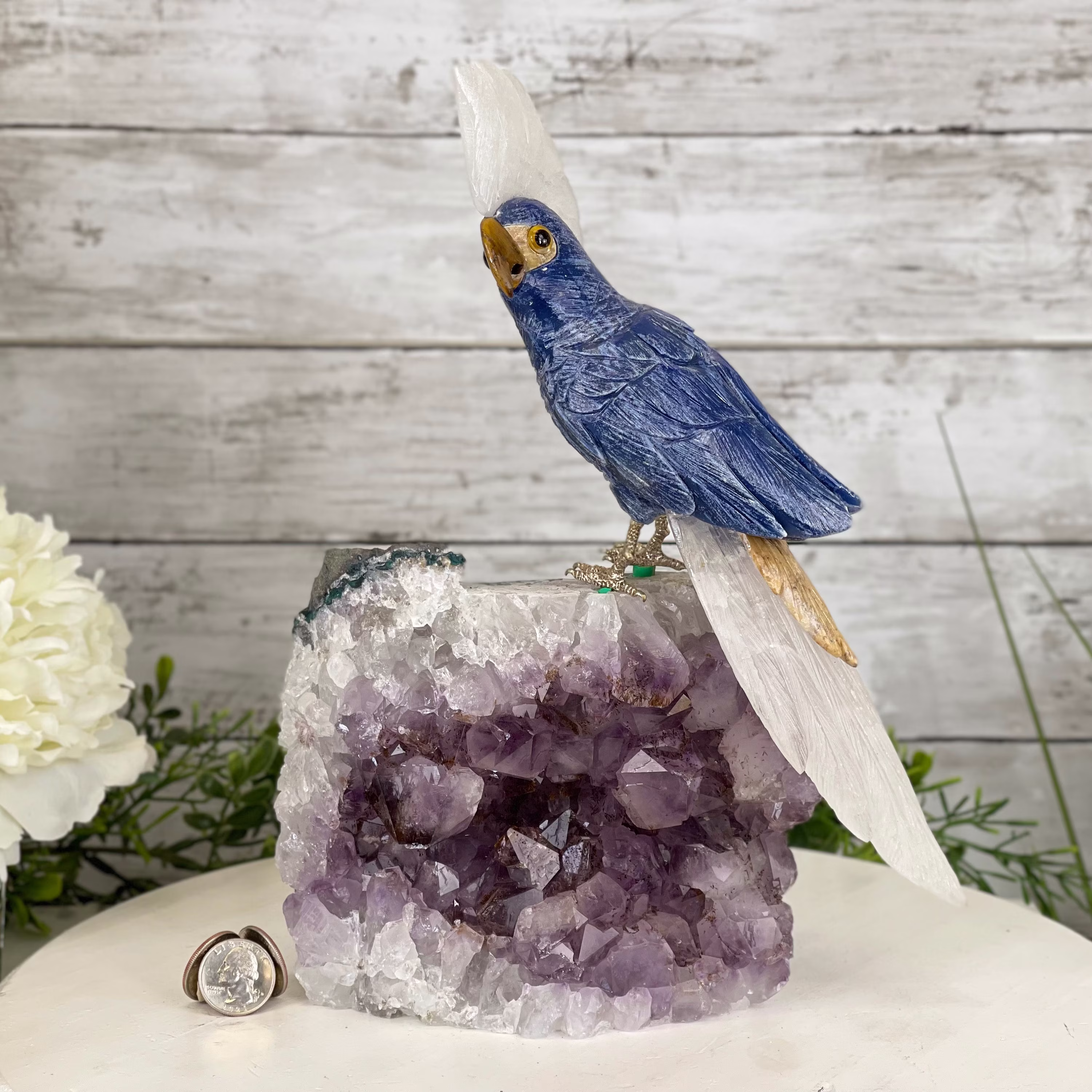 Blue Quartz Crystal Cockatoo Figurine On An Amethyst Cluster Base, 11.6" Tall #3002Bqc-014 By Brazil Gems