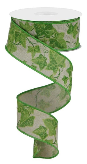 Ivy Ribbon, Shades Of Green On Light Natural Royal Burlap, Wired Edge, 1.5" Wide X 10 Yard Roll