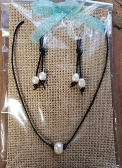 Gift Packaged Leather & Pearl Necklace Earring Set