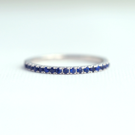 Solid 950 Platinum Sapphire Ring, Natural Blue Band, Micro Pave 1.3mm Half Eternity Wedding Band Pt950