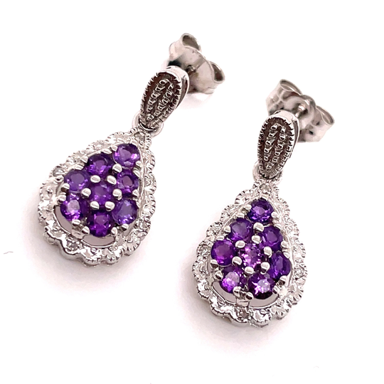 14Kt White Gold Diamond & Amethyst Tear Drop Pear Shape Cluster Halo Stud Earrings