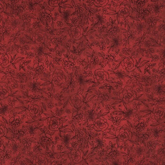 Dark Red Floral Blender Fabric, Sketched Flowers, 100% Cotton, Apparel Single-Sided, Fabric By The Yard, Accessories